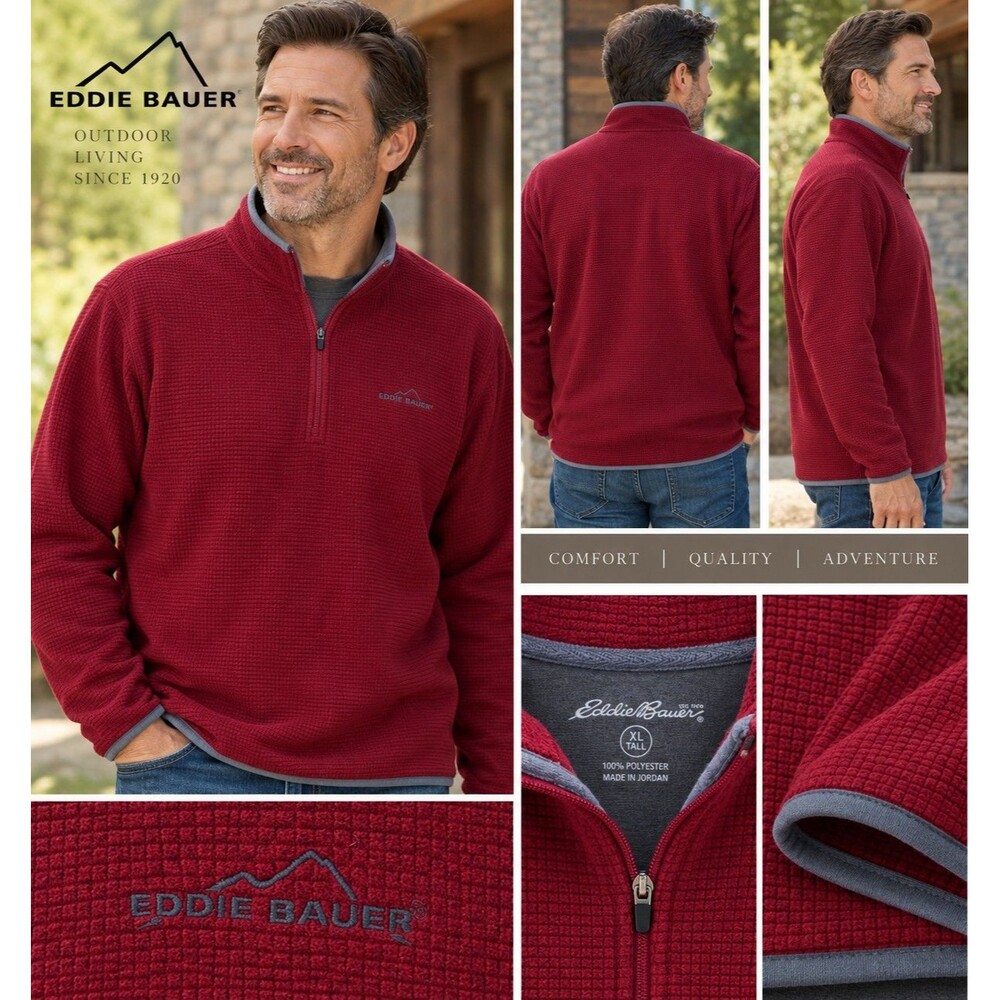 Eddie Bauer Men XL Tall Burgundy Waffle Fleece 1/4 Zip Pullover Outdoor